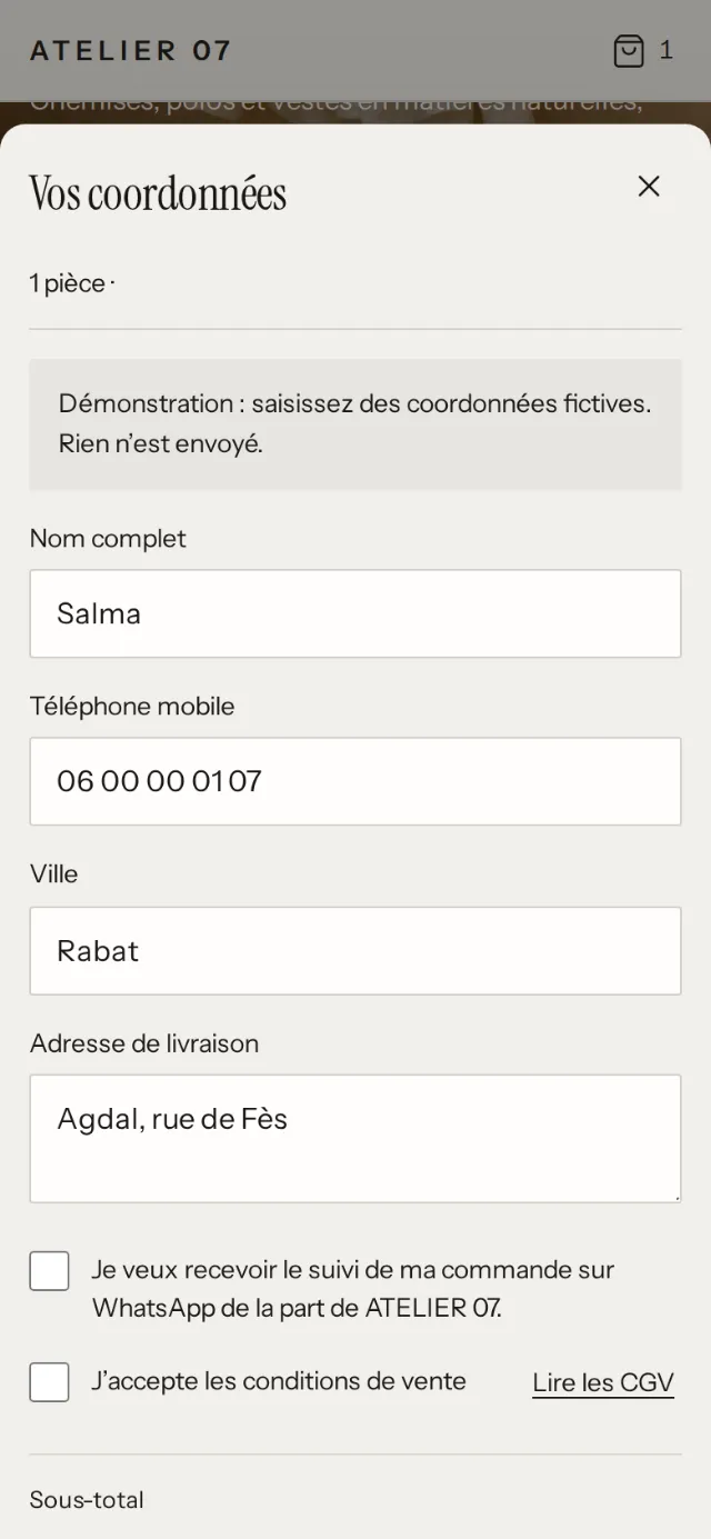 La commande sur le site d’Atelier 07 : coordonnées et paiement à la livraison