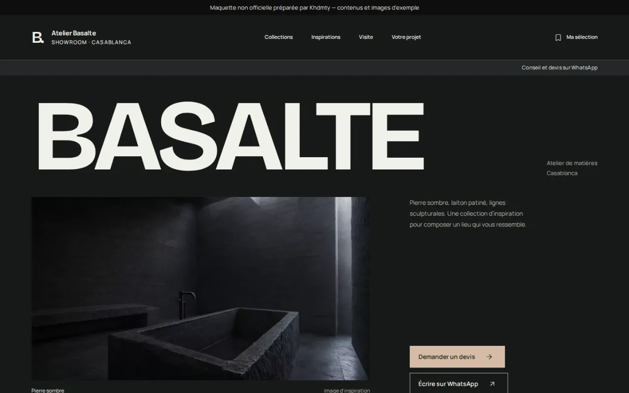 Page d’accueil du site de démonstration Atelier Basalte