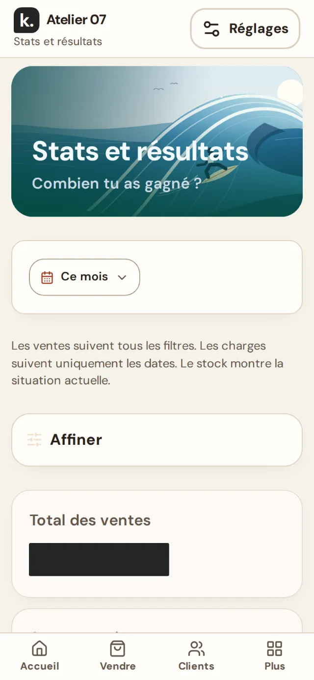 Écran Stats et résultats du logiciel sur téléphone, montants masqués