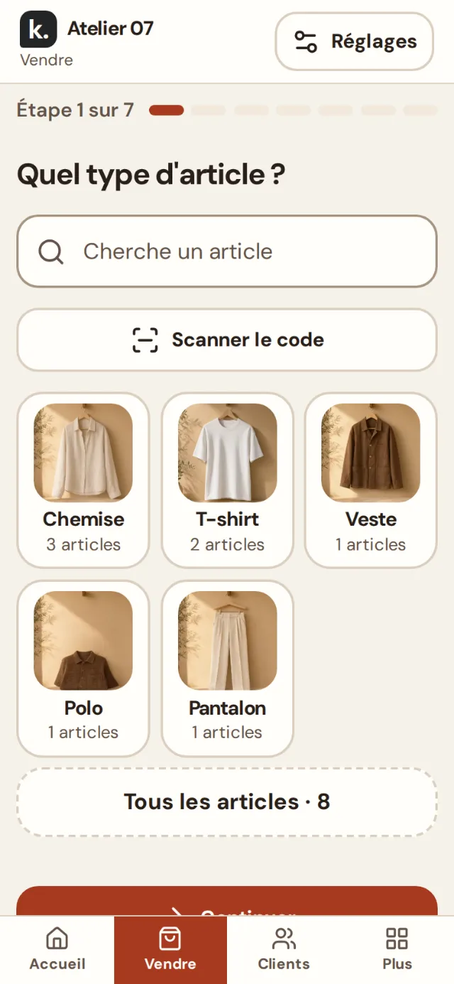 Écran Vendre du logiciel sur téléphone : choisir le type d’article, montants masqués